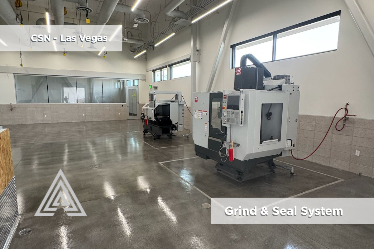 Wide-angle view of grind and seal concrete floor with visible machine placements