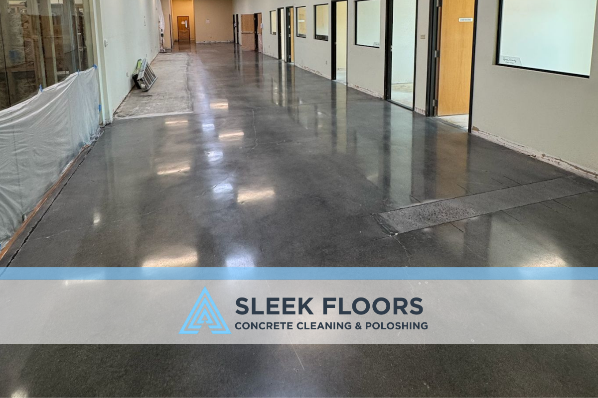 Wide view of polished and stained concrete office floors