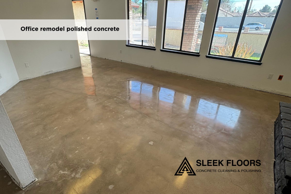 Remodeled office interior in Las Vegas featuring high gloss polished concrete flooring