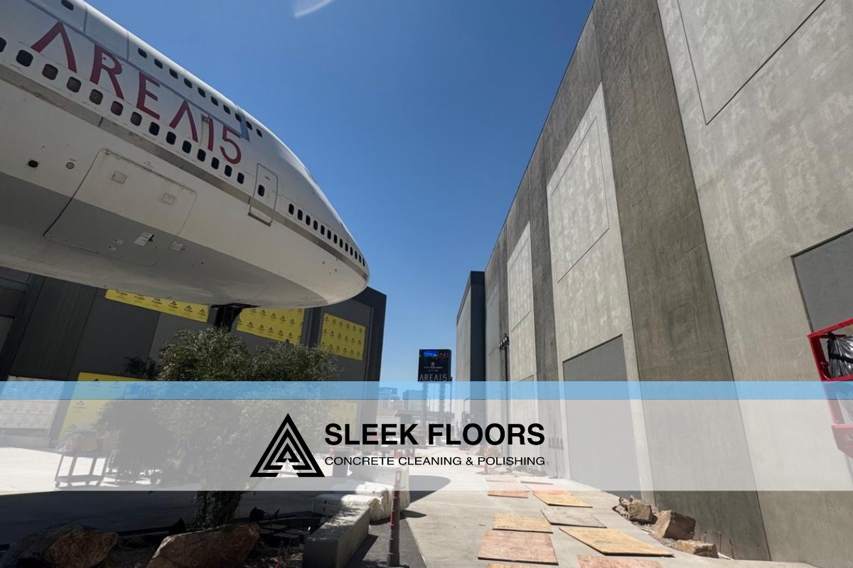 Exposed vertical concrete walls during surface preparation at a retail development in Area 15, Las Vegas.