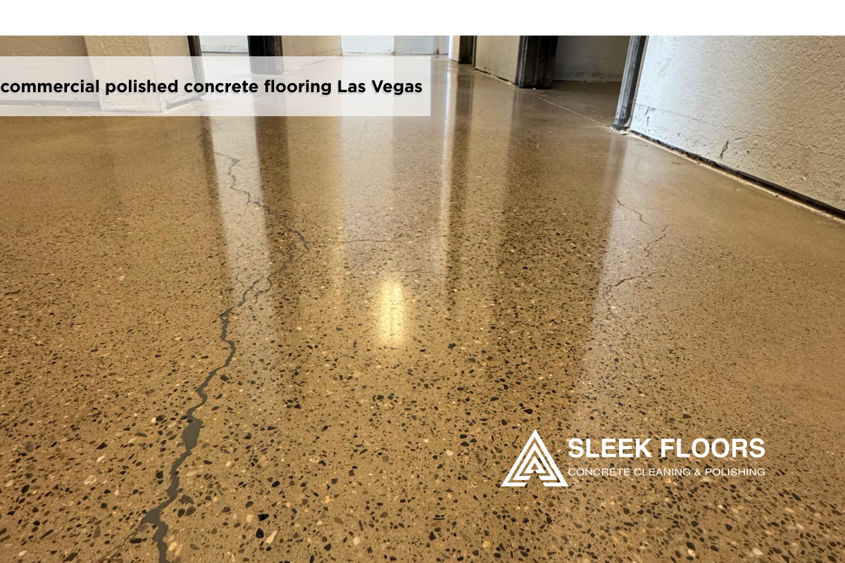Commercial polished concrete floor in Las Vegas showing integrated divot repairs and high-gloss finish