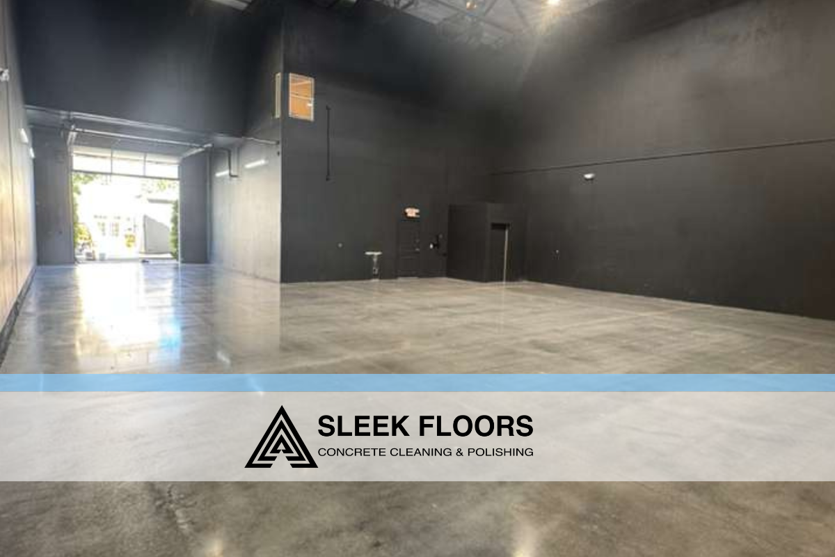Warehouse concrete floor restoration before and after polishing
