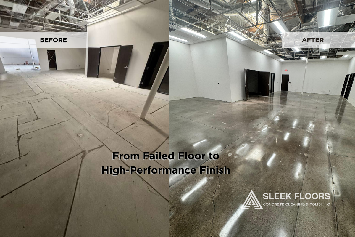 Before and after concrete floor restoration in Las Vegas showing epoxy removal and polished concrete finish